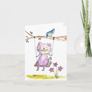 Cartão Gato Branco Cinto-Rosa em Swing