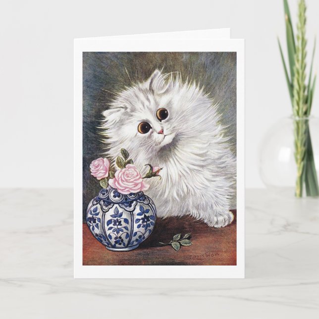 Cartão Gato Branco com Rosas Rosa, Louis Wain (Frente)
