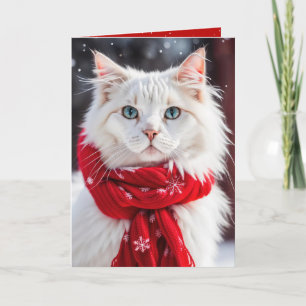 Cartão Gato branco de Natal com espinho vermelho
