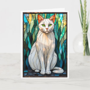 Cartão Gato Branco de Olhos Verdes em Estilo de Vitral