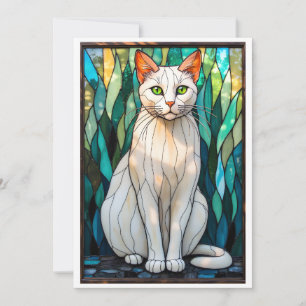 Cartão Gato Branco de Olhos Verdes em Estilo de Vitral