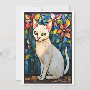 Cartão Gato Branco em Estilo de Vitral com Ilustração Pla