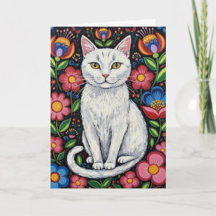 Cartão Gato Branco em Flores Coloridas da Arte Popular