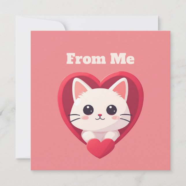Cartão Gato Branco Fofo com Coração Desenho de Kawaii Kit (Frente)