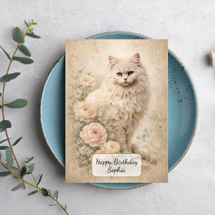 Cartão Gato Branco Fofo com Rosas