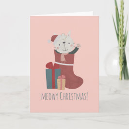 Cartão Gato Branco Fofo em Meias de Natal