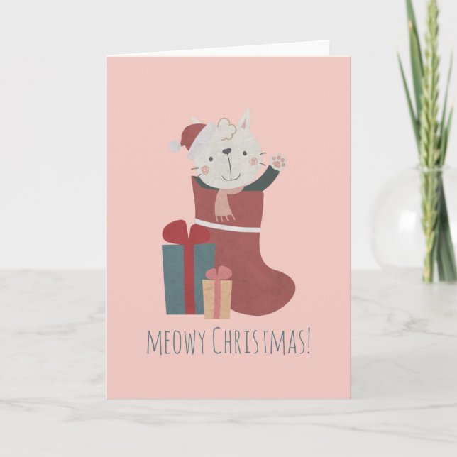 Cartão Gato Branco Fofo em Meias de Natal (Frente)