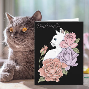 Cartão Gato Branco Rosas Pastel Rosa Dia das Mães Preto