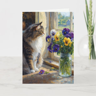 Cartão Gato Calico com Buquê de Pensamentos