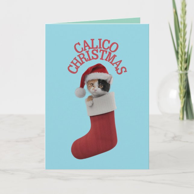 Cartão Gato Calico Fofo Natal Feriado (Frente)