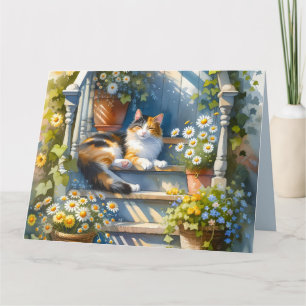 Cartão Gato Calico no Cottagecore de Varanda Floral