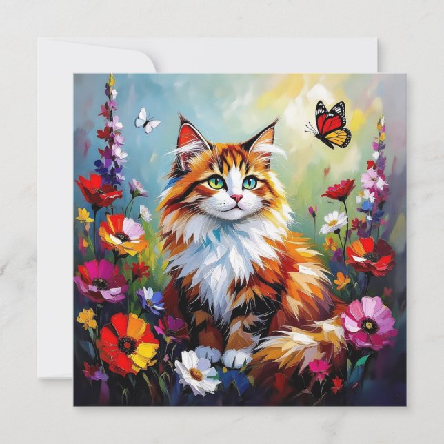 Cartão Gato Caprichoso Fofo, Flores e Borboletas (Frente)