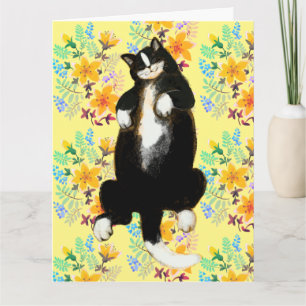 Cartão Gato casaco de noite dormindo em cama floral