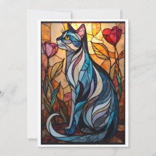 Cartão Gato Cinza com Flores em Estilo de Vidro Colorido