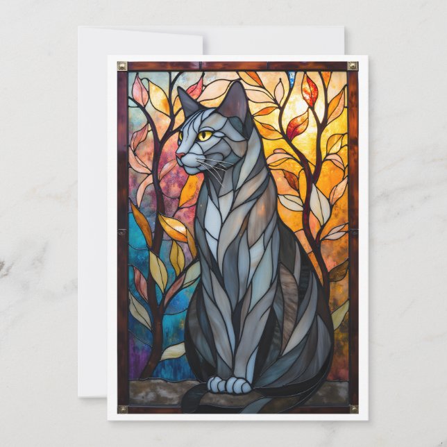 Cartão Gato Cinza com Folhas no Estilo de Vitral (Frente)