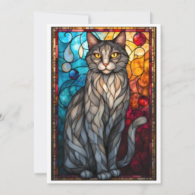 Cartão Gato Cinza Estilo Vidro Colorido (Frente)