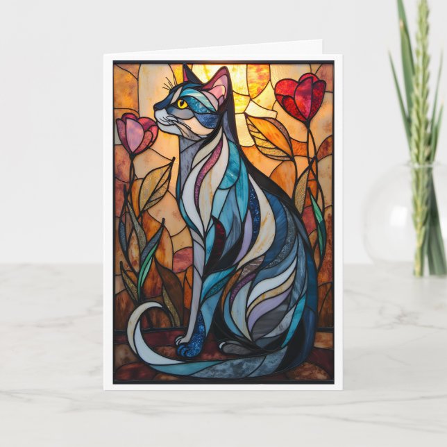Cartão Gato Cinza Estilo Vitral com Flores (Frente)