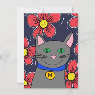 Cartão gato cinza personalizado com flores personaliza o