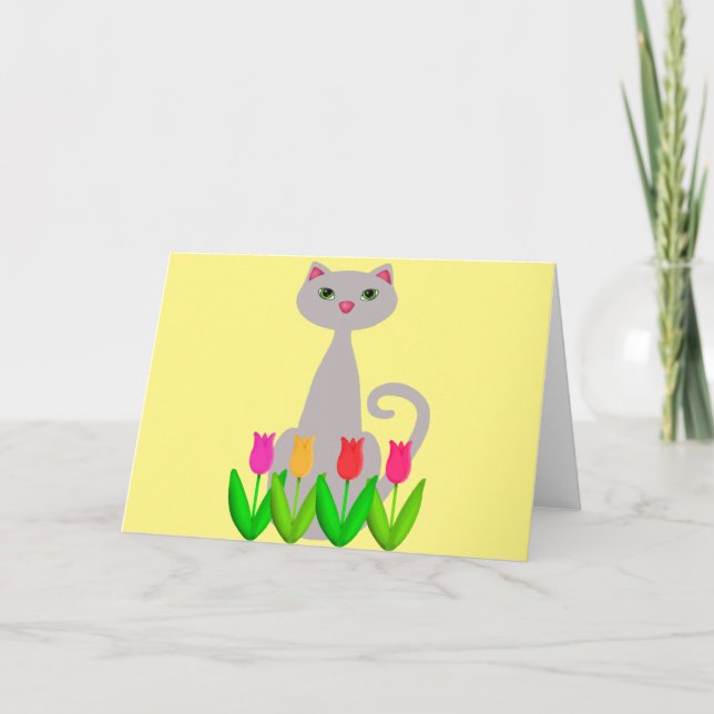 Cartão Gato cinzento em flores do primavera (Frente)