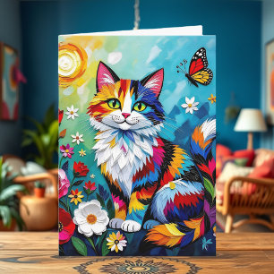 Cartão Gato Colorido, Flores e Borboleta de Aniversário