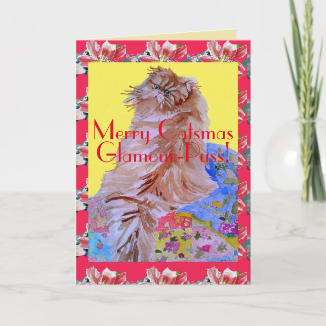 Cartão Gato Colorido Quilt Merry Christmas Puscard (Frente)