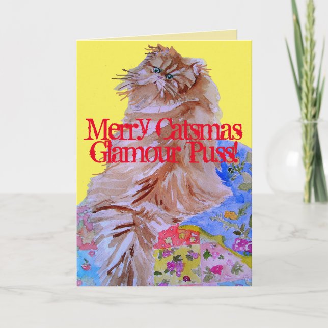 Cartão Gato Colorido Quilt Merry Christmas Puscard (Frente)