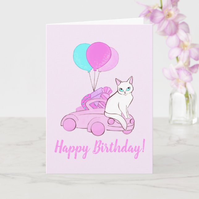 Cartão Gato com carro cor-de-rosa e balões (Orquídea)