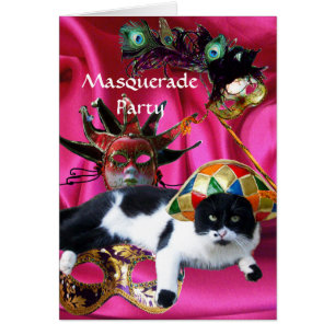 CARTÃO GATO COM CHAPÉU ARLEQUIM E MÁSCARAS DE BAILE DE MÁ
