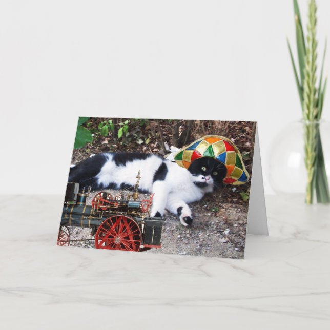 CARTÃO GATO COM CHAPÉU DE HARLEQUINA COM LOCOMOTIVO A VAP (Frente)