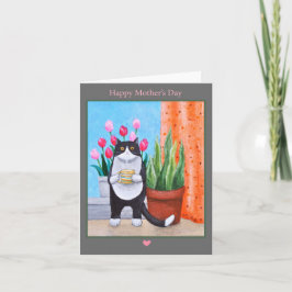 Cartão Gato com flores e café Dia de as mães de Gato