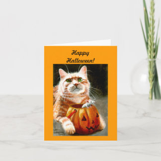 Cartão Gato com o rato na abóbora o Dia das Bruxas feliz!
