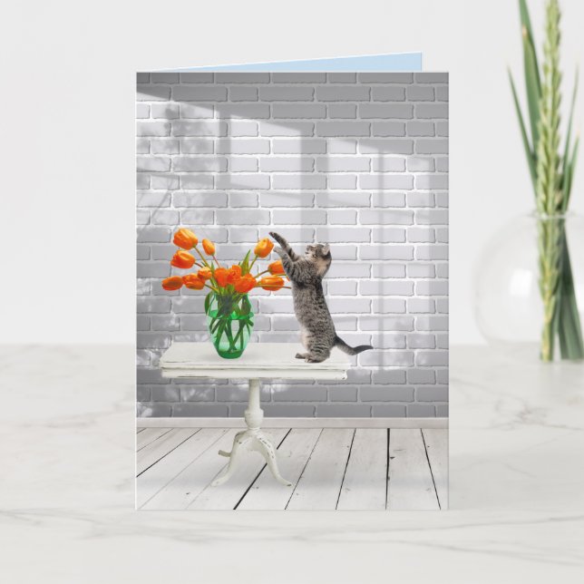 Cartão Gato com Tulipas Laranja (Frente)