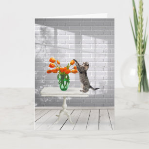 Cartão Gato com Tulipas Laranja Aniversário