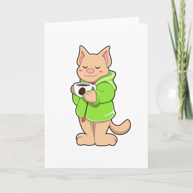 Cartão Gato com Xícara de Café & Pijamas (Frente)