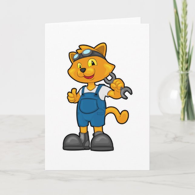 Cartão Gato como Mecânico com Chave Inglesa (Frente)