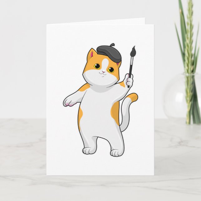 Cartão Gato como Pintor com Pincel de Pintura (Frente)