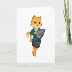 Cartão Gato como Secretário com Laptop