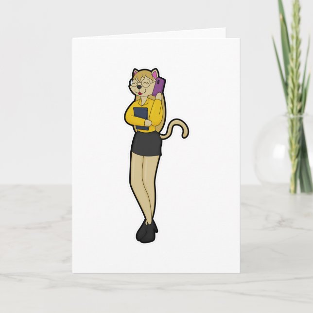 Cartão Gato como Secretário com Laptop e Celular (Frente)