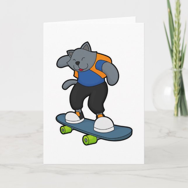 Cartão Gato como Skatista com Skate (Frente)