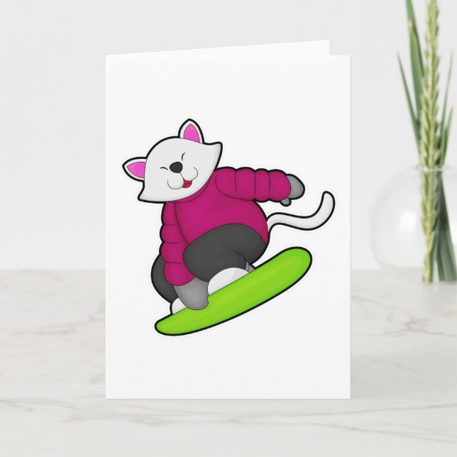 Cartão Gato como snowboard com snowboard (Frente)