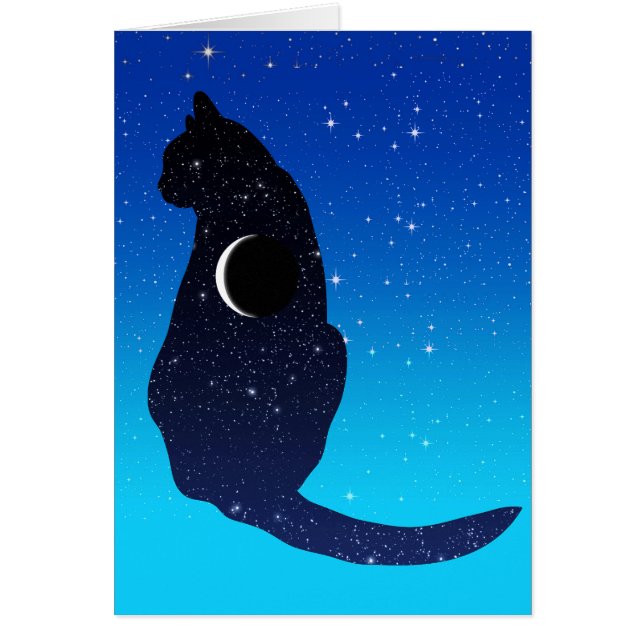 Cartão Gato Cósmico em Padrão de Estrelas e Lua Crescente (Frente)