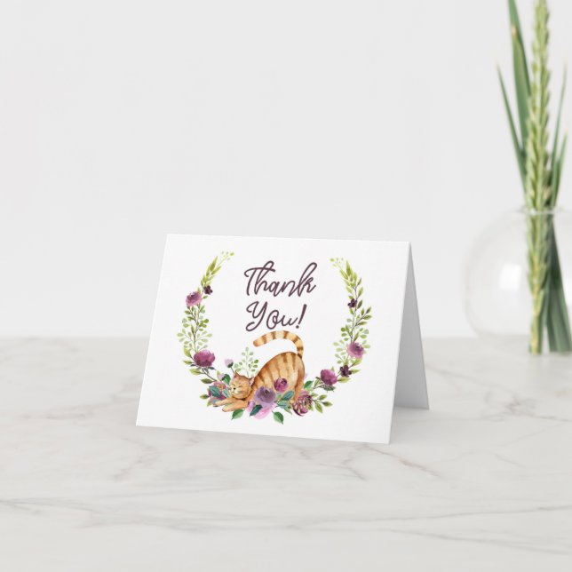 Cartão Gato da aguarela e obrigado das flores você (Frente)