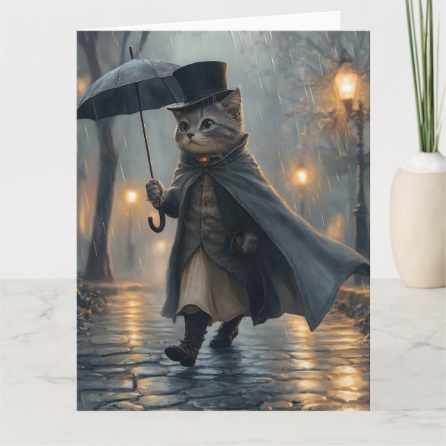 Cartão Gato Dapper rolando na chuva com um guarda-chuva (Frente)
