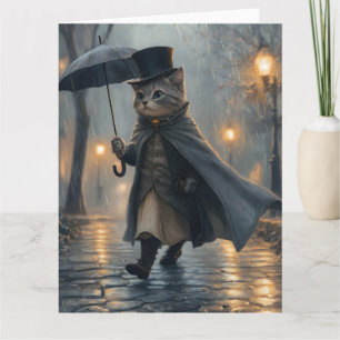 Cartão Gato Dapper rolando na chuva com um guarda-chuva