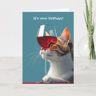 Cartão Gato de Aniversário com Vidro de Vinho Vermelho
