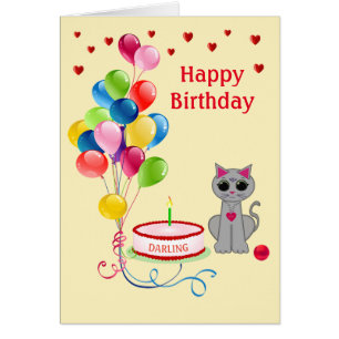 Cartão Gato de aniversário, corações e balões multicolori