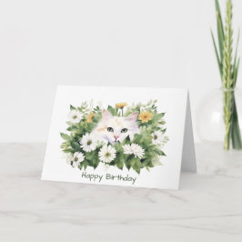 Cartão Gato de aniversário em aquarela em margaridas