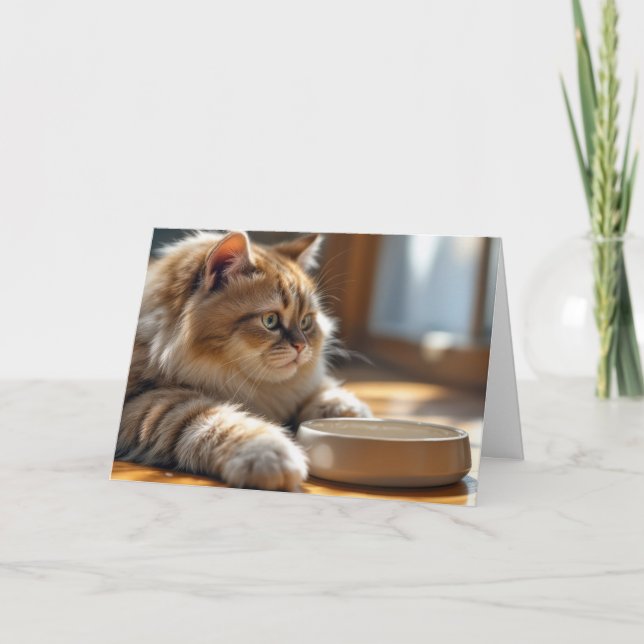 Cartão Gato de Aniversário Esperando por uma tigela de Co (Frente)