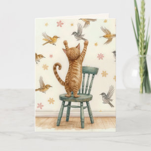 Cartão Gato de aniversário pegando um pássaro no wallpape