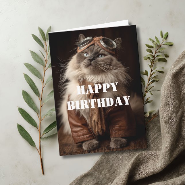 Cartão Gato de Aniversário Piloto Aviador Legal Divertido (Criador carregado)